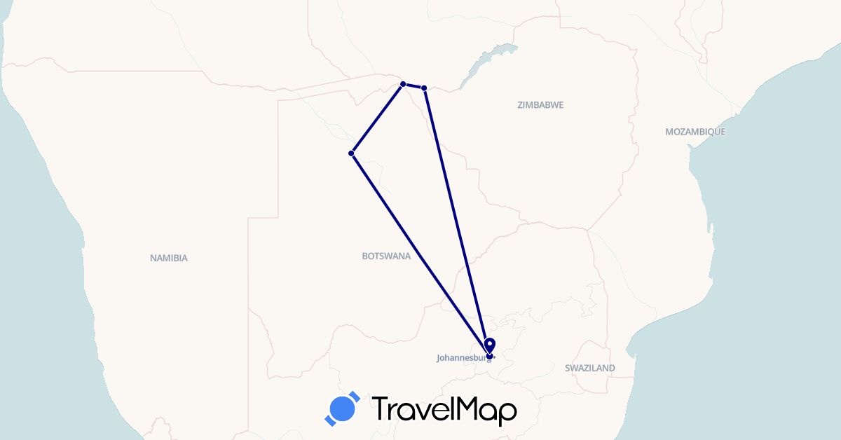 TravelMap itinerary: driving in Botswana, South Africa, Zambia (Africa)
